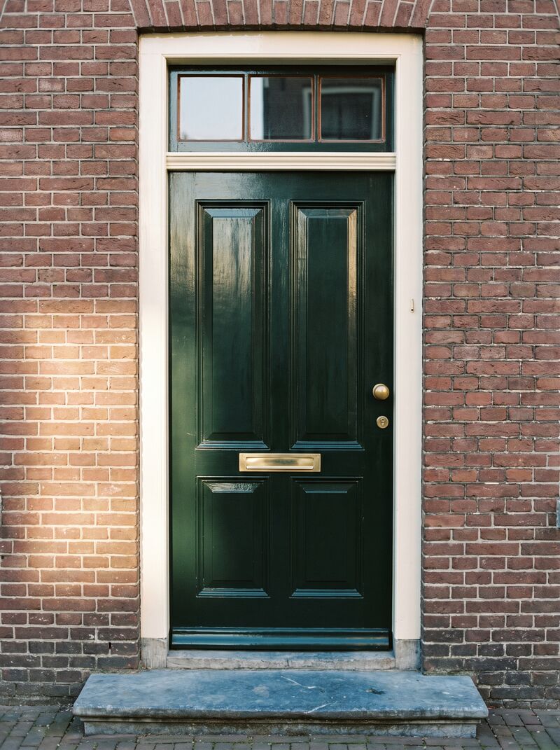 Donkergroene houten paneeldeur met messing brievenbus en deurknop, een bovenlicht met roeden en een natuurstenen stoep in een bakstenen gevel