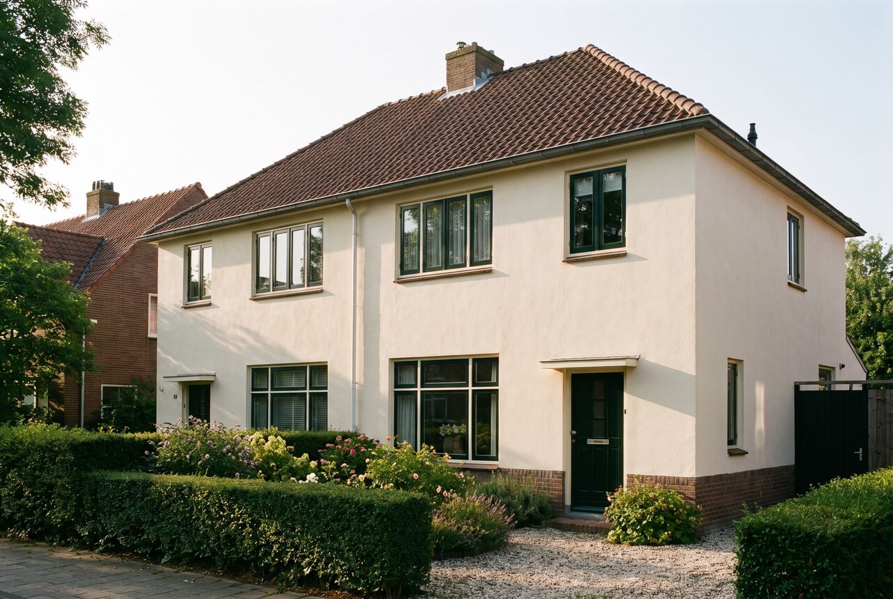 Twee woningen uit de jaren dertig met een egaal gestucte gevel in gebroken wit, donkergroene kozijnen, een pannendak en een voortuin met haag