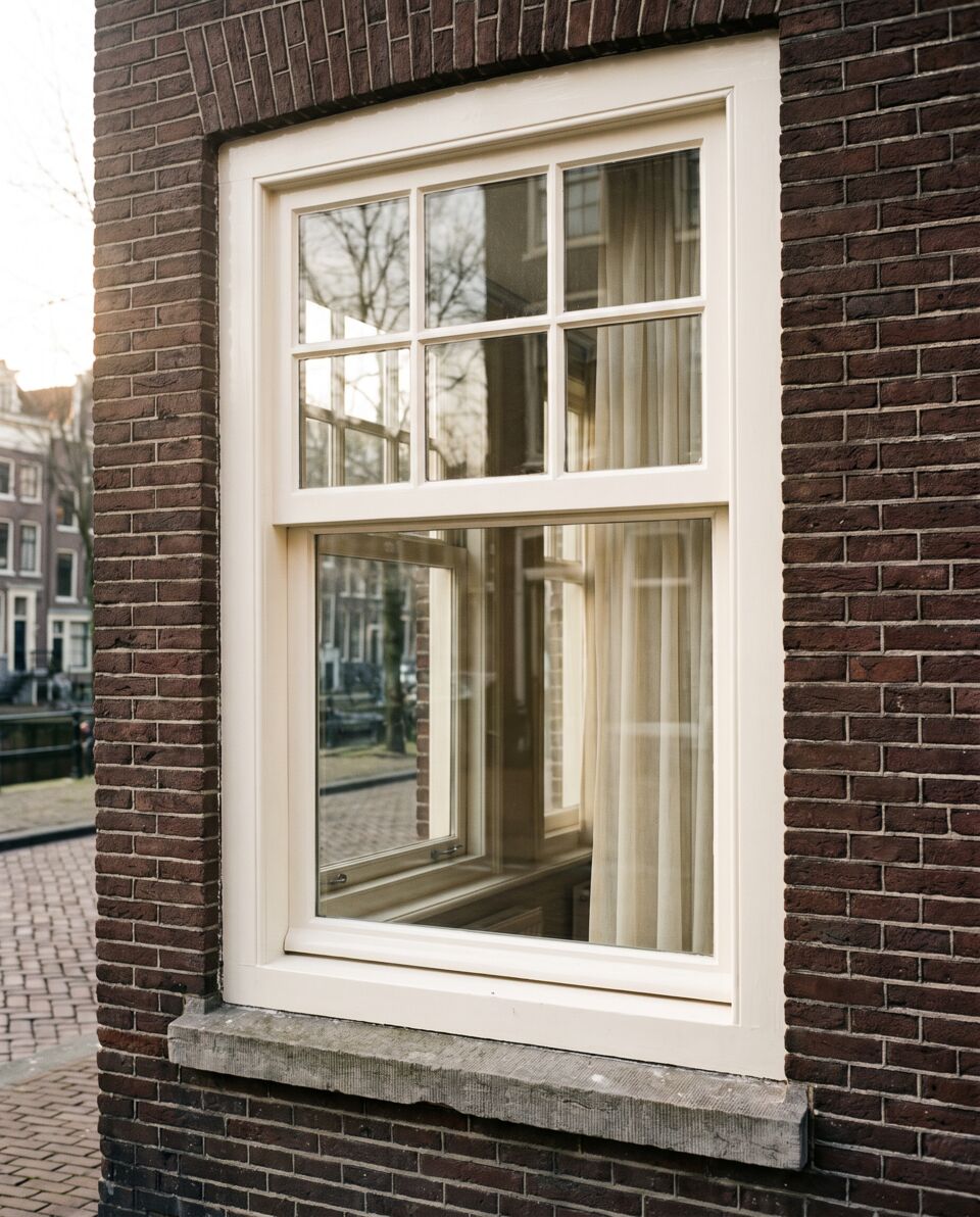 Crèmewit geschilderd houten schuifraam met roeden in een bakstenen Amsterdamse gevel, met een natuurstenen vensterbank