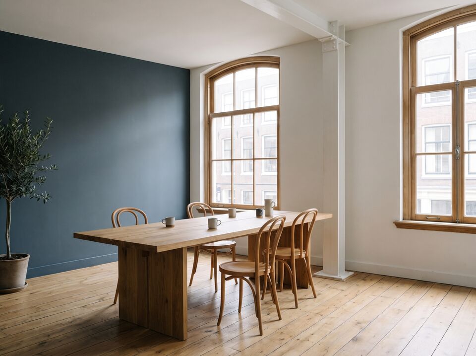 Rustig, net geschilderd kantoor in een oud Amsterdams pand met witte wanden, een blauwgrijze muur, hoge houten ramen en een eikenhouten tafel