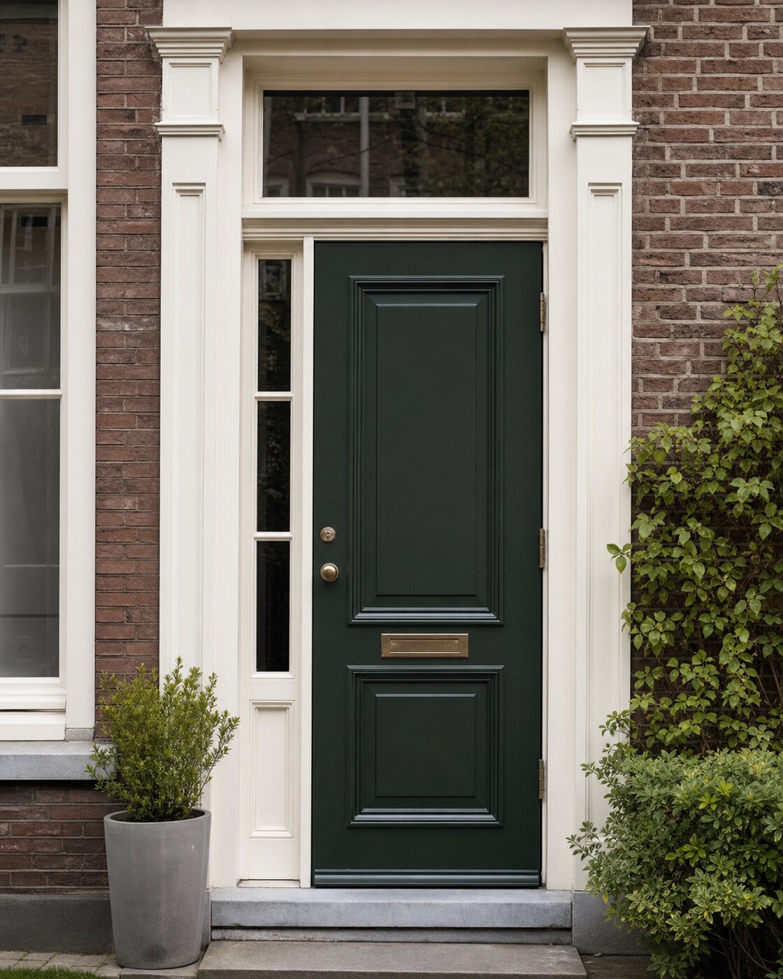Donkergroen geschilderde voordeur met gebroken witte omlijsting in een bakstenen gevel