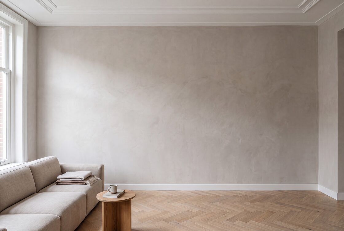 Woonkamerwand als voorbeeld voor het vergelijken van een neutrale kleur met RAL 6009